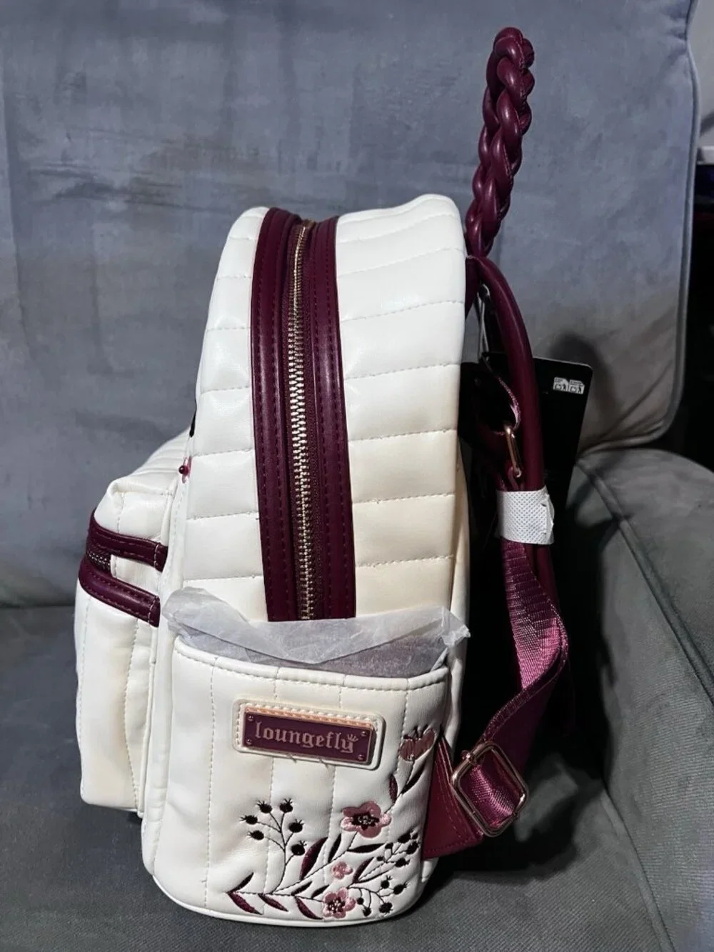 Loungefly Backpack Ivory Quilted Floral Embroidery Burgundy Accents NWT